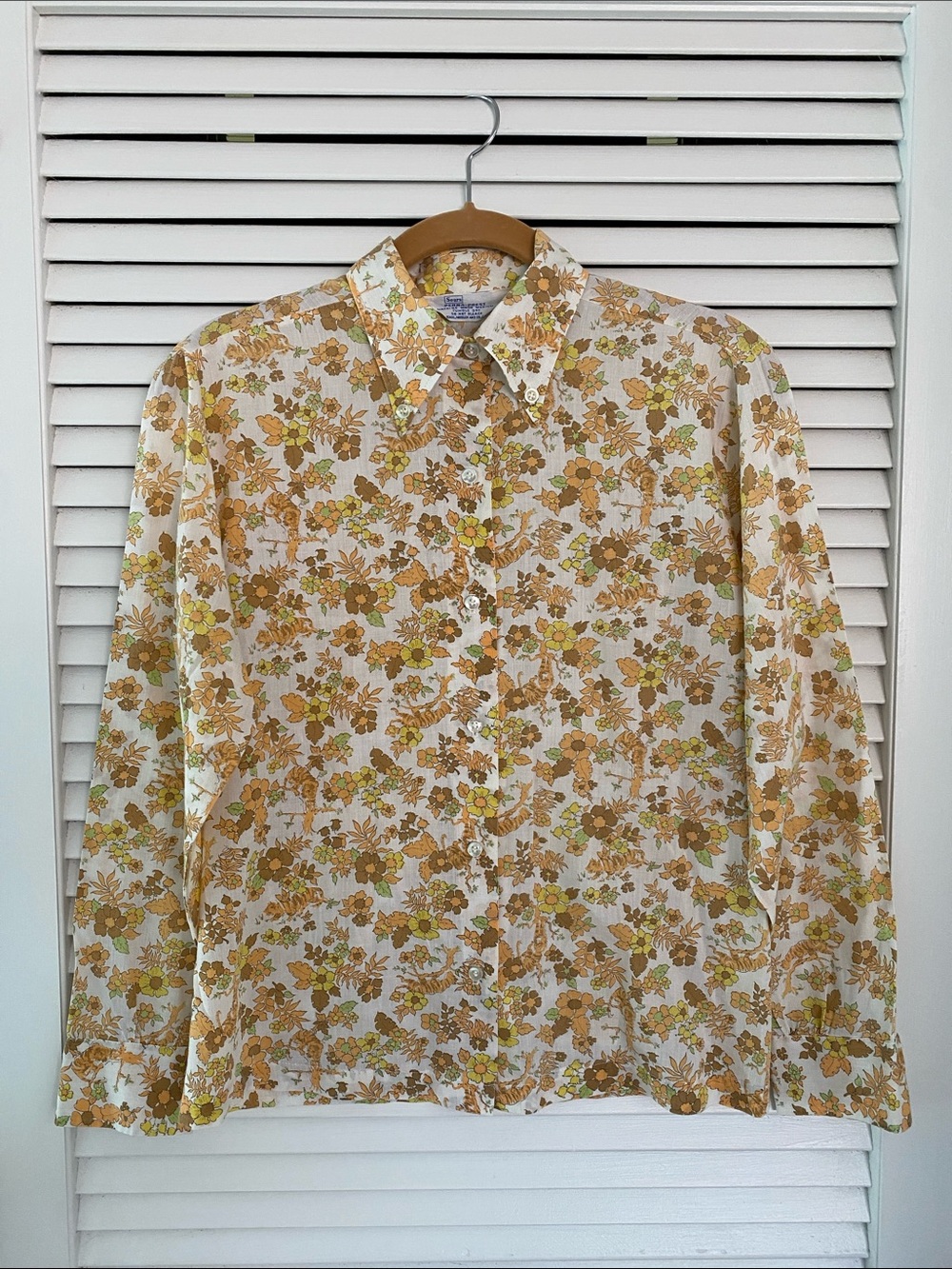 Sears Vintage Perma-Prest Floral Button-Down Shirt in Cream, Orange and Brown
